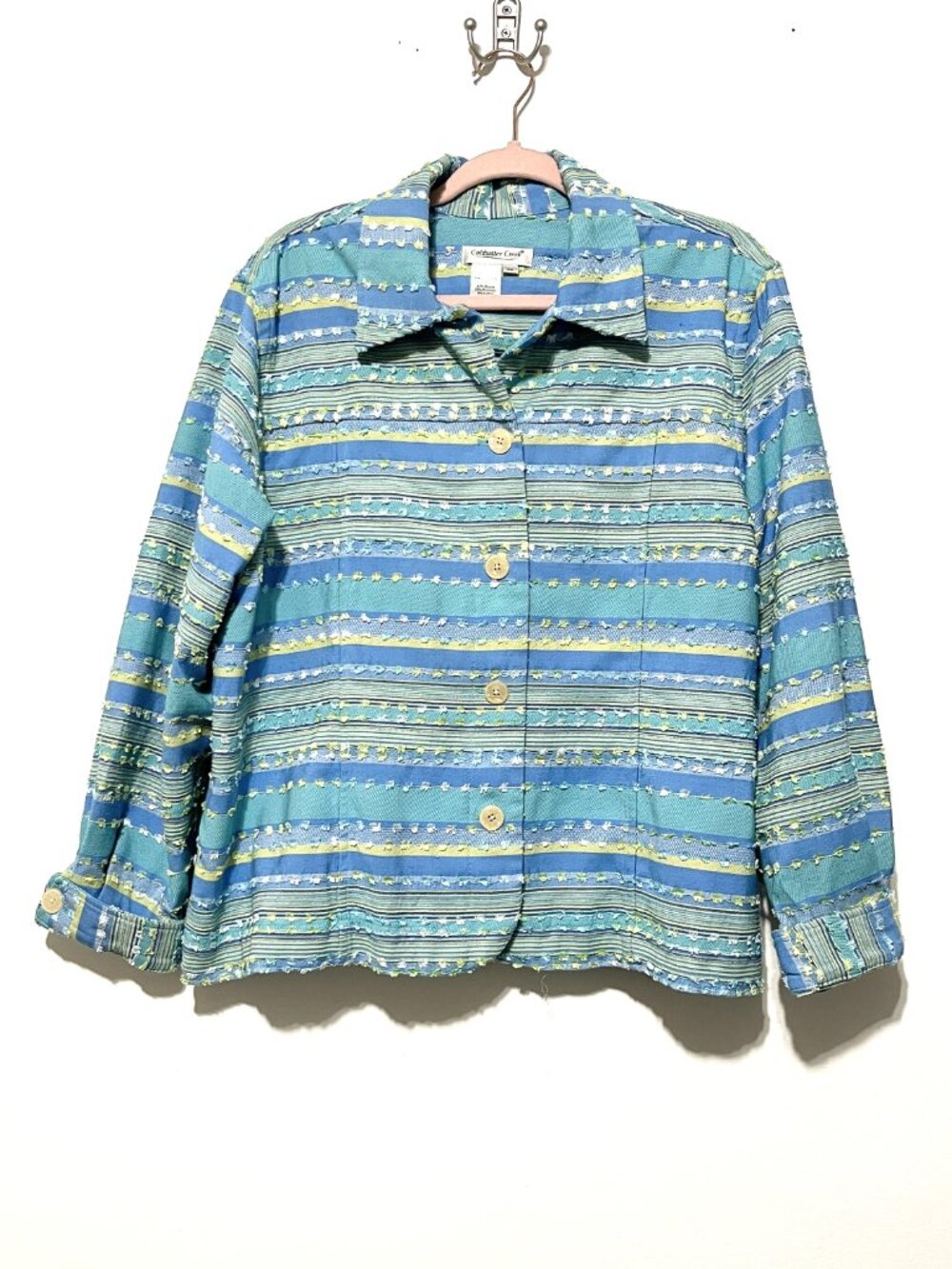 Coldwater Creek Womens Textured Button Up Jacket 2X Blue Striped Pastel Artsy
